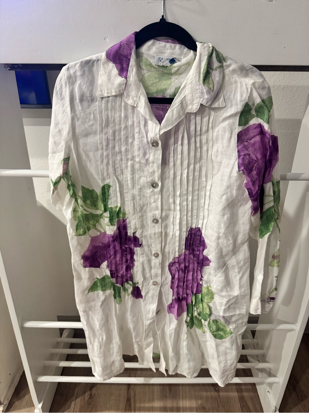 Women’s White Long Sleeve Linen Dress with Purple Floral Print